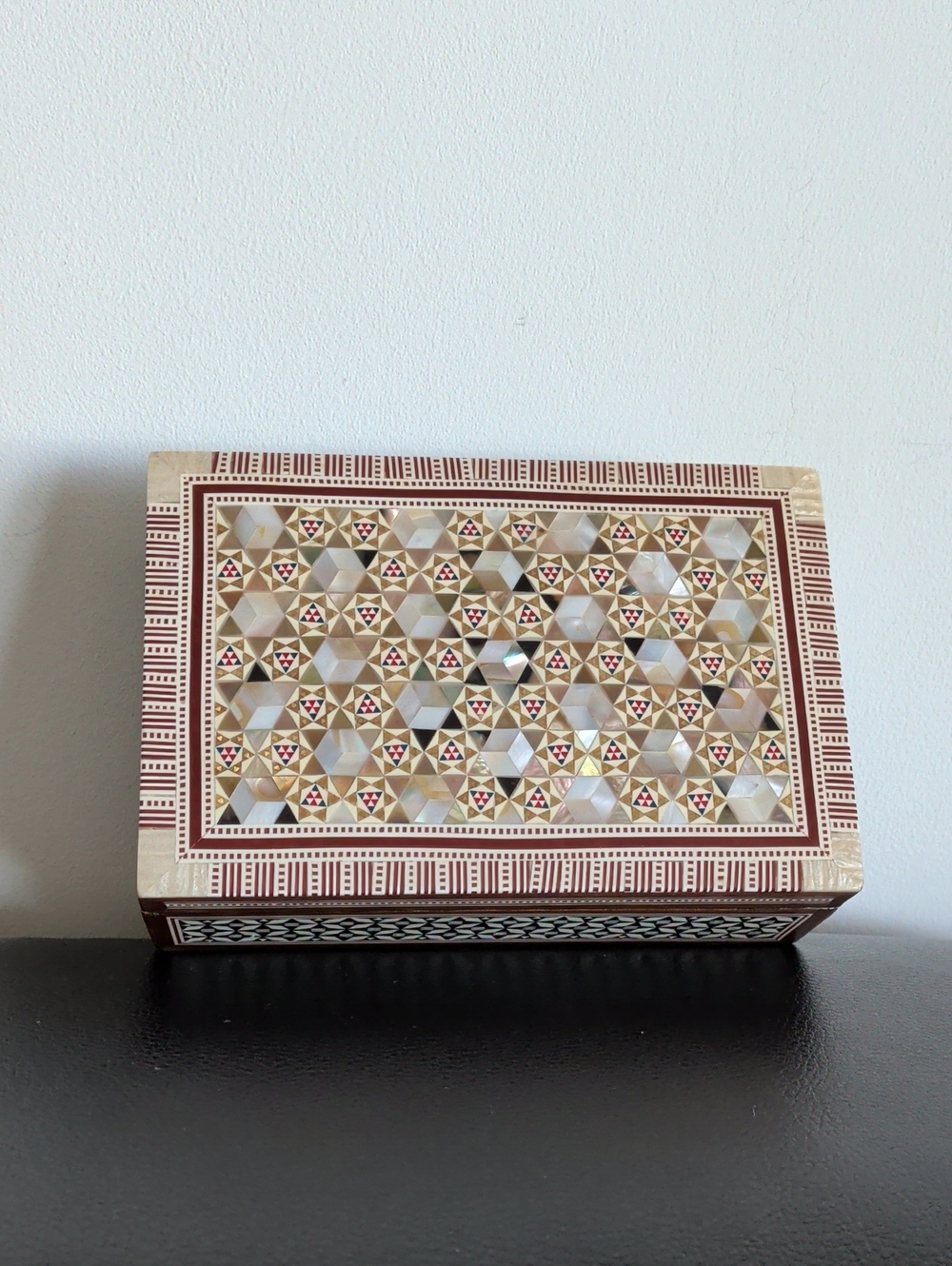 Inlaid Mother Of Pearl Geometric Jewelry Box